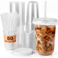 16 oz Black Plastic Cups with Lids and Straws - 50 Set Disposable Round Bottom Iced Coffee To Go Cup