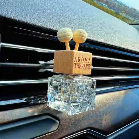 0.27oz Water Cube Air Outlet Perfume Empty Bottle Car Glass Diffuser Bottle Wooden Cap Freshener Wit