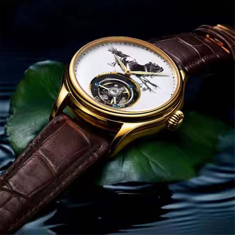 AESOP Real Tourbillon Mechanical Hand-Wind Men Watch Ink Horse TotemChinese Style Waterproof Skeleto