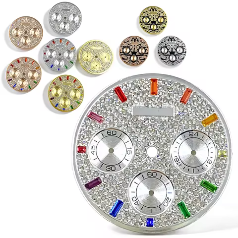 29.5mm Watch Dial Diamond Paved Rainbow Baguette Markers Chronograph No Logo For Seiko Daytona VK63 