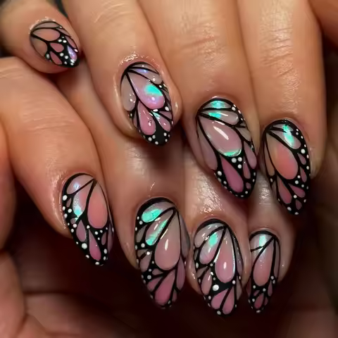 3D Butterfly Almond Nail Art Fashion Green Pearlescent Powder Wearable False Nails Detachable Finish