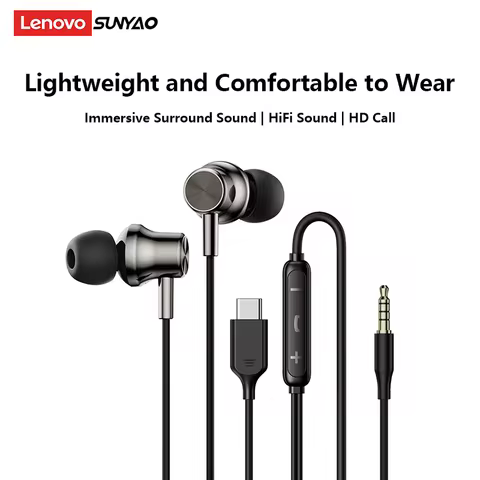 Lenovo Y130 3.5mm/Type-C In-Ear Wired Earbuds Surround Sound IPX4 Waterprof Wired Sport Headphone HD