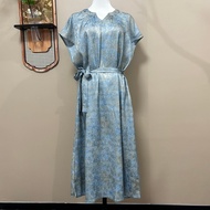 New Chinese-style Ice Blue Gradient Floral Satin Midi Dress - Small V-Neck, Cap Sleeves, Waist Tie