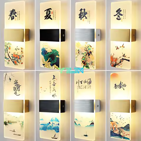 LED Indoor Wall Lamp Acrylic Featured Chinese Idiom Style Plant Printing Wall Light 6W Bedroom Livin