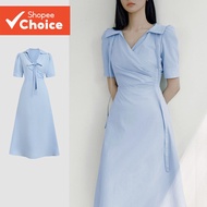 BR25-JUN25-D-3-Solid Color Lapel Short Sleeve Tie Dress-DRB25BR238  BR25-JUN25-D-3-Gaun lengan pende