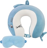Kids Travel Pillow,Toddler Cartoon Neck Head Chin Support Pillow,Cute Memory Foam Pillow with Eye Mask &amp; Washable Animal Plush Cover for Airplane,Car,Train,Road Trip,Office Nap,Gift Choice (Shark)