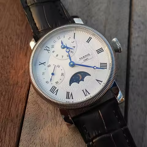 Parnis Men's 42MM Manual Mechanical Watch Classic Hand-Wound Men's Moon Phase GMT Dual Time Zone Gen