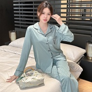 V Ladies Ice Silk Thin Style Pajamas Green Pattern Long-Sleeved Trousers Suit Water Glossy Silk Loun