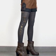 蒸汽朋克 金屬齒輪 秋冬女 混紡 棉襪黑灰 瘦腿踩腳 連褲襪子