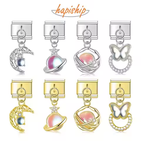 Hapiship Original Daisy Bowknot Planet Butterfly Moon CZ Italian Charm Fit 9mm Bracelet Stainless St