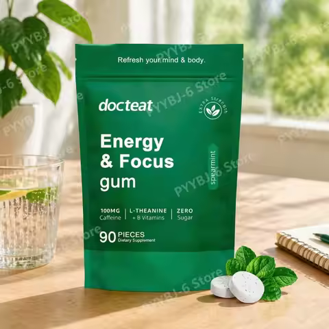 Energy & Focus Gum with Caffeine L-Theanine B Vitamins &Green Coffee Extract Sugar Free Dietary Supp