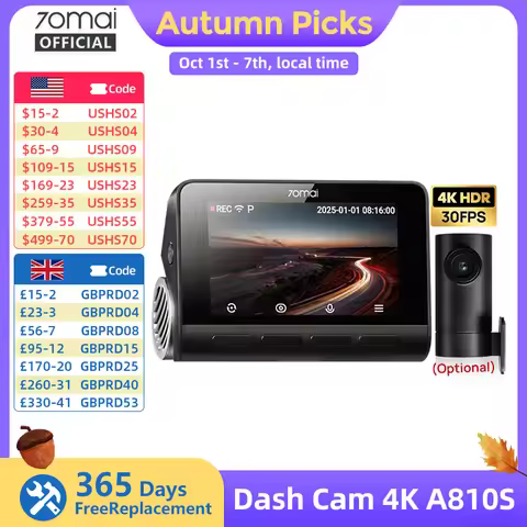 70mai Dash Cam A810S Front 4K Rear 1080P Support 4G Module GPS & ADAS Night Vision Supercapacitor Ca