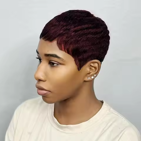 6 Inch Full Machine Made Wig Human Hair 99J Pixie Cut Lace Front Wigs Human Hair