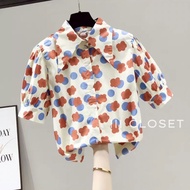 เสื้อเชิ้ต lll Freesize lll IT081 เสื้อเชิ้ต ใส่เล่น สงกรานต์ กระดุมหน้า คอปกแหลม แขนตุ๊กตา ลายดอกน่