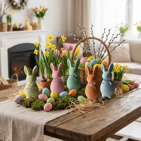 Spring Decor Foam Flocked Rabbit Figures with Bow Easter Bunny Statue Solid Color 3D Standing Rabbit