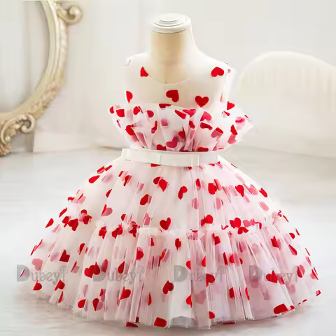 Toddler Girls Heart Dress for Kids Sleeveless Ruffles Children Birthday Clothing Fashion Wear Childr