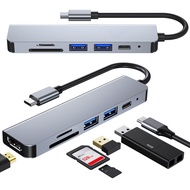 USB 6-in-1 Type-C Hub to HDMI Adapter 4K 3 USB C Hub with 3.0 Hub, TF SD Reader Slot, PD for MacBook