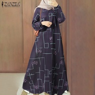 ZANZEA Muslimah ผู้หญิงมุสลิมแขนยาว,คอกลมพิมพ์ลายทรงหลวมชุดเดรสแม็กซี่