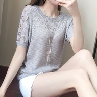 Knitted Tops Women's Summer Plus Size Blouse Korean Style Lace Short-sleeved T-shirt Hollow All-match Top
