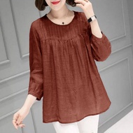 เสื้อแฟชั่นของผู้หญิงคอกลมปิดหน้าท้องทรงหลวมสำหรับผู้หญิงใหม่สีทึบ M-4XL