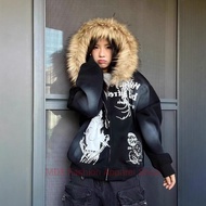 American Retro Y2k Millennium Fur Collar Zipper Hooded Jacket for Women Dark Street Jacket