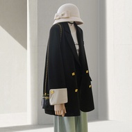 4U4U หลวม แขนยาว ชุดสูท เสื้อแจ็คเก็ต สําหรับผู้หญิงใน สีดำ สไตล์เกาหลี ทันสมัย เรียบหรู กระดุมสีทอง