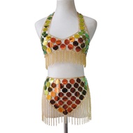 Shiny Sequins Dots Two Piece Set Low Cut Backless Sleeveless Rave Crop Tops Tassel Mini Skirt y Beac