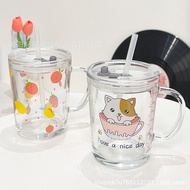 Household Baby Milk Cup with Lid Scale Cup Children Straw Cup Glass Breakfast Cup ins Influencer Cup