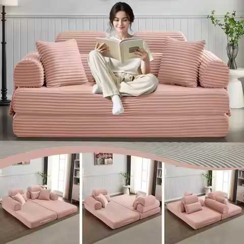 Convertible Sleeper Sofa Bed, 78.5 Corduroy Loveseat, Queen to King Size, Memory Foam, Pink, No Asse