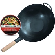 Mammafong Large Flat Bottom 14/16-inch Traditional Carbon Steel Wok Pan Authentic Hand Hammered Stir Fry Pans