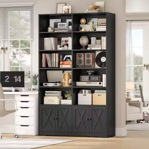 78" Tall Bookshelf Storage Cabinet with Barn Doors and Display Shelves, 5-Tier Bookshelves and Bookc