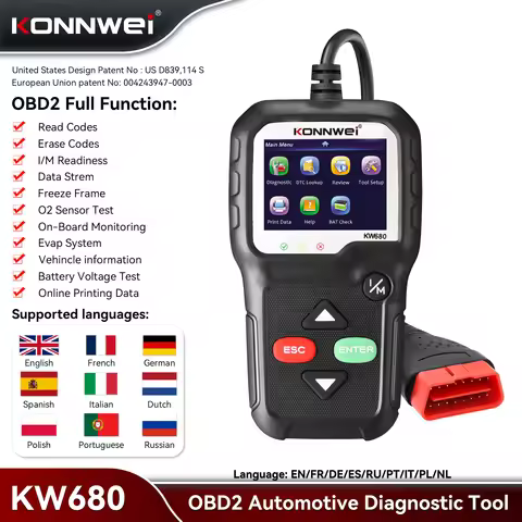 KONNWEI KW680 OBD2 Car Diagnostic Tool with Print 12V Auto Engine Fault Code Clear Professional OBDI