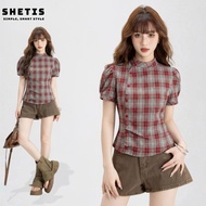 Women's Slim Form Checkered Blouse with Puff Sleeves and Tie Waist, High Collar Checkered Blouse wit