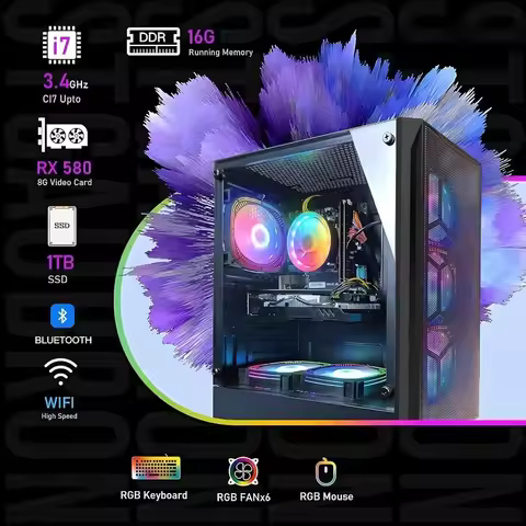 Gaming Desktop PC, RX 580 8G GDDR5, Intel Core i7 up to 3.9G, 16G RAM, 1T SSD, 600M WiFi, BT 5.0, RG