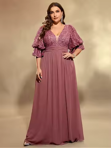 Plus Size V-neck Short Sleeve Sequin Chiffon Floor-length Evening Dress 4XL 5XL Big Size Shiny Banqu