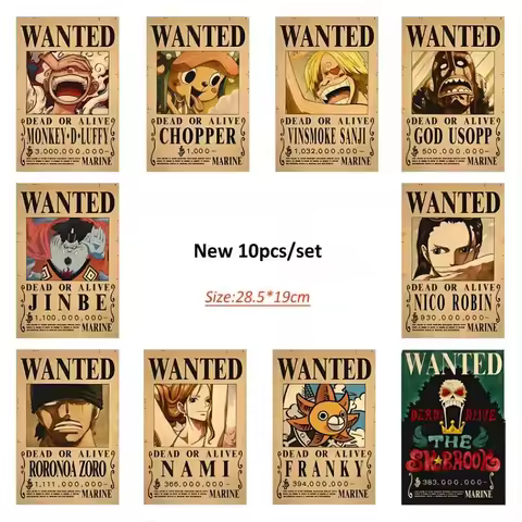 28.5 x 19Cm Anime One Piece Luffy Wanted Vintage Posters Set Room Wall Decoration Cartoon Zoro Wante