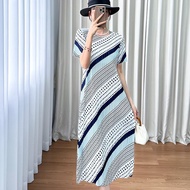Issey Miyake Summer Striped Small Wave Dot Printing Foreign Style Long Skirt High Waist Loose Slim D
