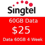 Singtel Prepaid $25 / 60 GB (4 Week Data)/Data Roam 20 GB Malaysia/Top Up / Renew / Recharge