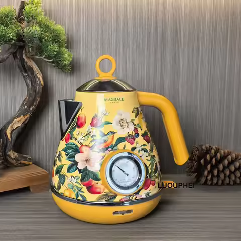 1.7L Retro Yellow Paint Decal Electrc Kettle Boiling Water with Thermometer Automatic Power Off 304 