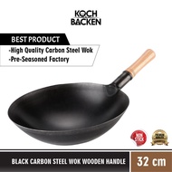 KAYU Koch&amp;backen Wok Wooden Handle Preseasoned Black Carbon Steel Wok 32cm