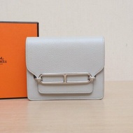 HERMES Roulis豬鼻子Slim錢包80珍珠灰EC皮Y刻銀扣肩背包