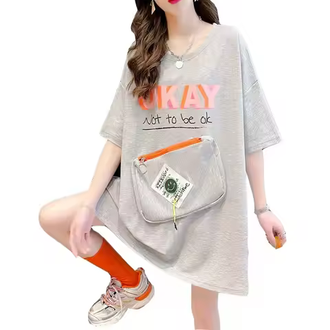 Y2k Clothing Zipper Pockets Store Phone Mid-length Short Sleeve Street Casual T Shirt Women Korean-s