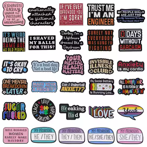 Cartoon Letter Metal Brooch Rainbow Love Social Battery Avoid Anxiety Women Make History Club Enamel