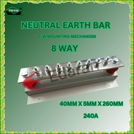 TOYO 8WAYS NEUTRAL EARTH BAR 240A 40MM X 5MM X 260MM C/W MOUNTING MECHANISM