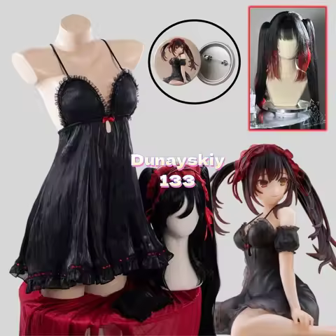 Womens Tokisaki Kurumi Nightmare Cosplay Costume Kit Black Night Dress Matching Wig Headband Anime H
