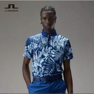 J. LINDEBERG GOLF Fashion Blue All Over Print High Elastic Comfortable Polo Neck Short Sleeve Men