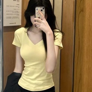 [Taiwan Shipment] Small Odal Cotton V-Neck Short-Sleeved T-shirt Women Summer Shoulder Slim-Fit Slim