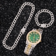 Necklace +Watch+Bracelet Hip Hop Miami Curb Cuban Chain Gold Iced Out Paved Rhinestones CZ Bling Rap