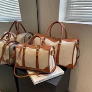 1pc Canvas Contrast Color Patchwork Fashion Duffle Bag,Unisex Travel Luggage,Suitable For Overnights