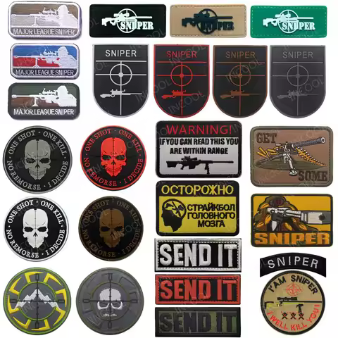 Sniper PVC Embroidered Patch Send it Appliqued Rubber One Shot One Kill Skull Airsoft Decorative Pat